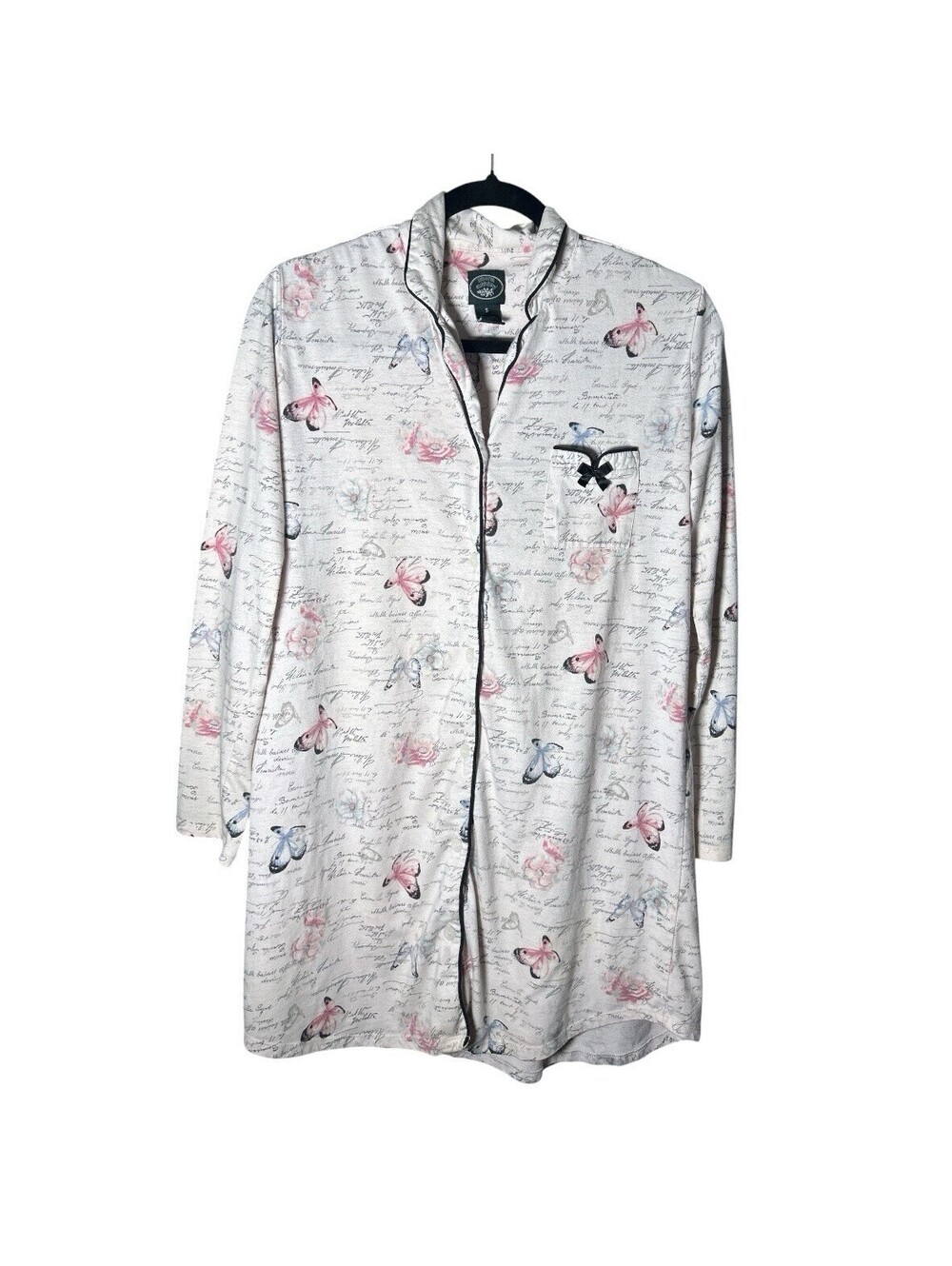 Vintage Laura Ashley Pink Butterfly Script Print Nightgown Long Sleeve Womens S